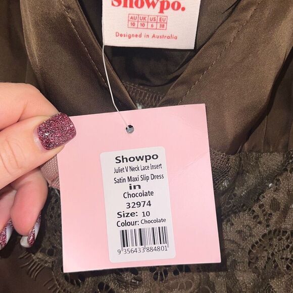 ✨JULIET MIDI DRESS - V NECK LACE INSERT SATIN SLIP SZ 6 DRESS IN CHOCOLATE✨ - Picture 12 of 13